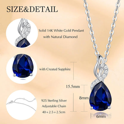 14K Solid White Gold Teardrop Pendant with Diamond Birthstone Necklace Birthday Gifts for Mom Women, Sterling Silver Chain 16" + 2" Extender