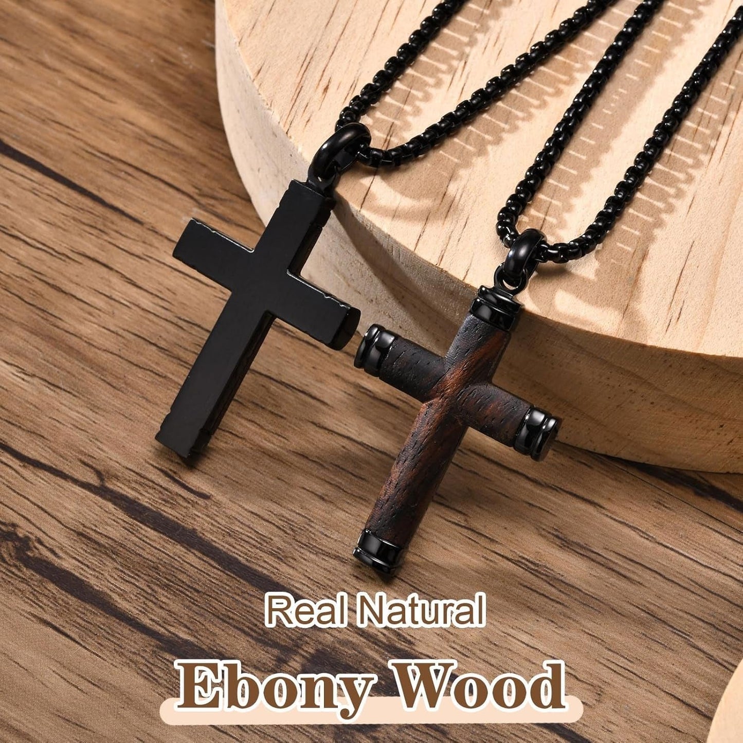 Wooden Cross Necklace for Men-Hawaiian Real Handmade Ebony Wood Cross Pendant Necklace Stainless Steel Chain, Mens Brown Cross Necklaces Koa Wood Jewelry Christian Baptism Crucifix Pendant for Men