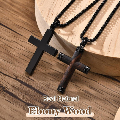 Wooden Cross Necklace for Men-Hawaiian Real Handmade Ebony Wood Cross Pendant Necklace Stainless Steel Chain, Mens Brown Cross Necklaces Koa Wood Jewelry Christian Baptism Crucifix Pendant for Men