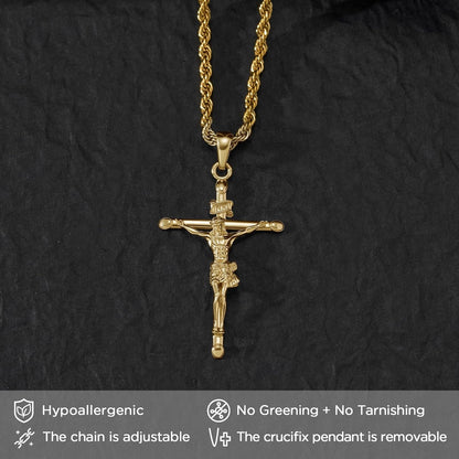 18K Gold over S925 Crucifix Necklace for Men with Rope/Cuban Chain, Catholic Jesus Cross Pendant, Men'S Religious Gift for Easter Christmas