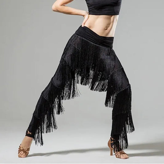 Womens Adult Dancewear Latin Rumba Cha Cha Samba Belly Dance Tassel Fringe Pants Trousers Black - WORLD TIME VISITS