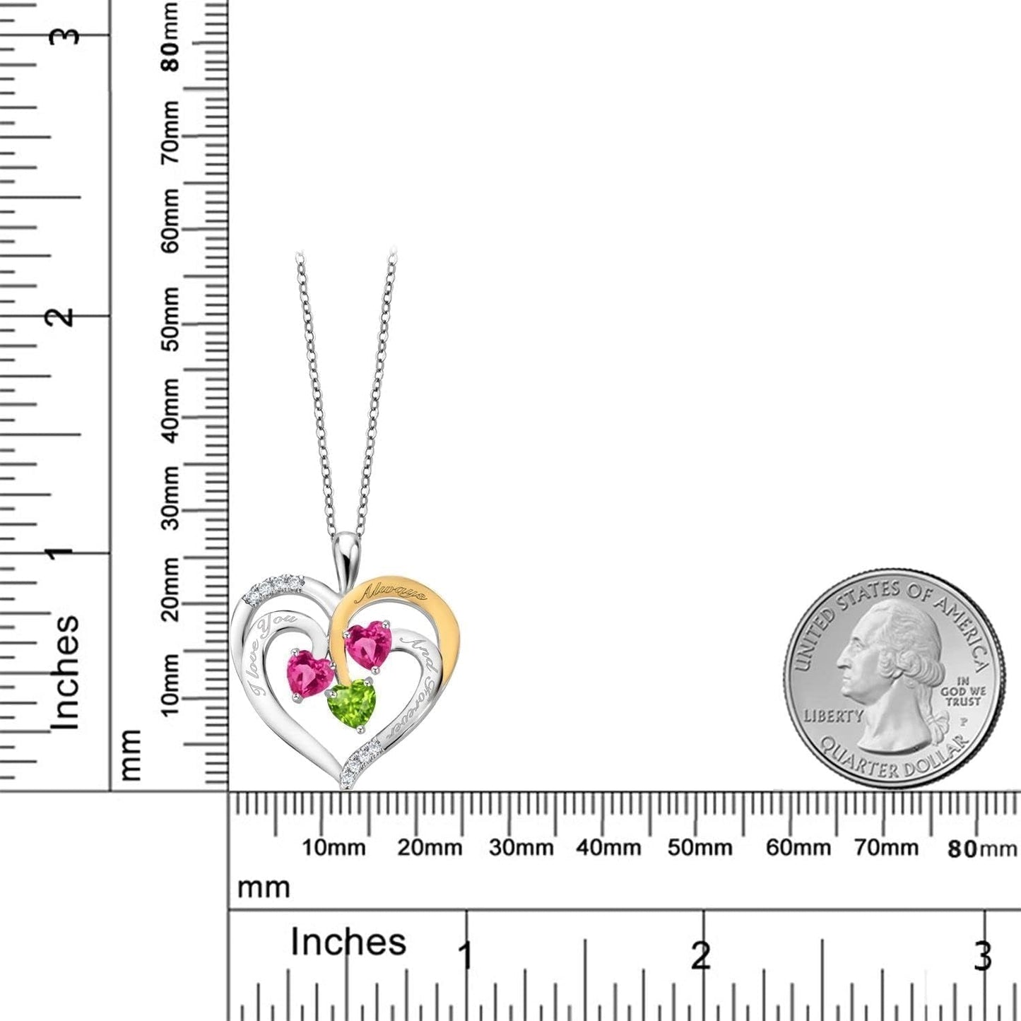 2 Tone Pink Created Sapphire and Green Peridot Created Moissanite `I Love You Always and Forever` Engraved Pendant Necklace for Women (1.70 Cttw, Heart Shape 5MM, 18 Inch Chain)