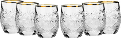 Elegant and Modern Russian Cut Crystal Beverage Glass, Barware for Scotch, Bourbon, Liquor and Cocktail - 8 Oz Beverage Glass Gold Rim, Set of 6