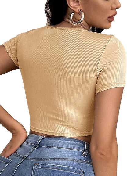 Women'S Summer Sexy Crop Top Ruched Y2K V Neck Slim Short Sleeve Casual Basic Knit T Shirt Workout Tops Khaki