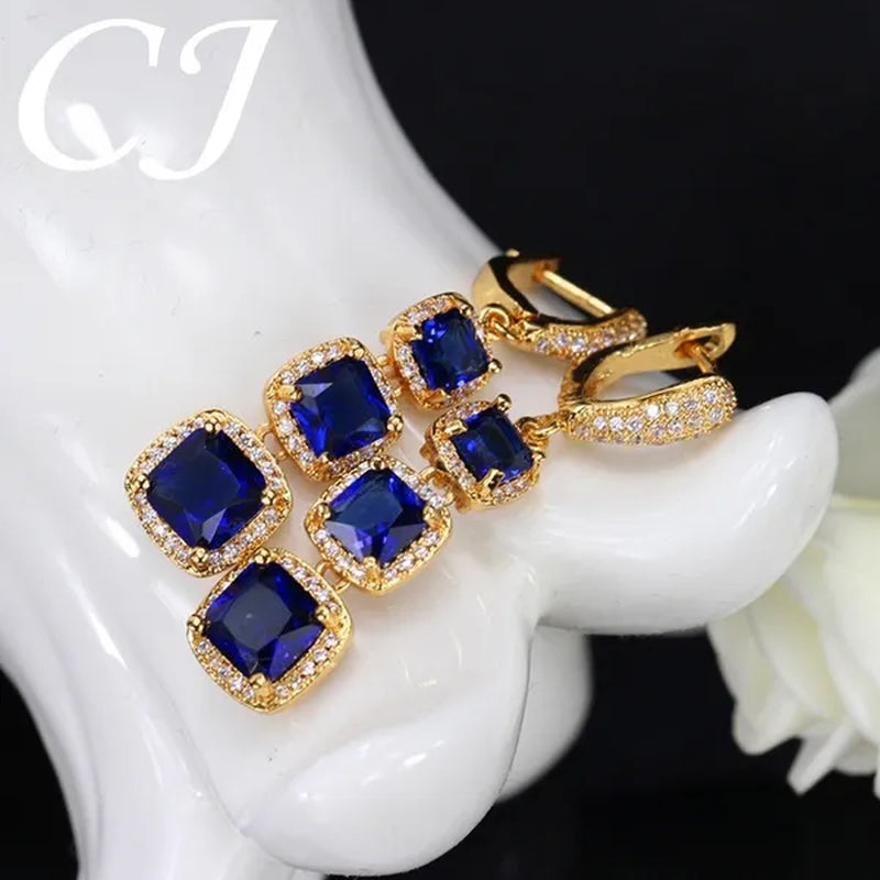 CANDICE Luxury Yellow Gold Plated Drop Earrings Jewelry Square Red Cubic Zircon Stones Long Earring for Women