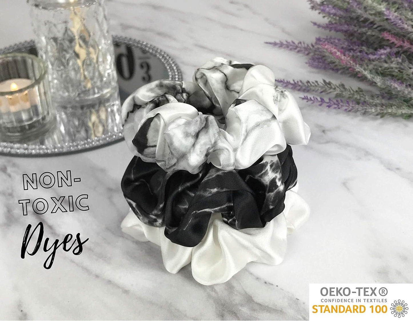 Mulberry Silk Scrunchies for Hair (Black Marble, White Marble, Ivory)