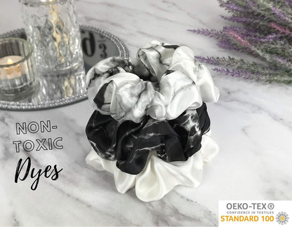 Mulberry Silk Scrunchies for Hair (Black Marble, White Marble, Ivory)