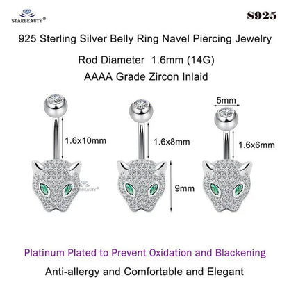 Starbeauty 1 Piece 1.6X6/8/10Mm Luxury 925 Sterling Silver Navel Ring Accessories Green Eye Leopard Belly Piercing Ombligo Crystal Zircon Belly Button Rings Navel Pierc Jewelry