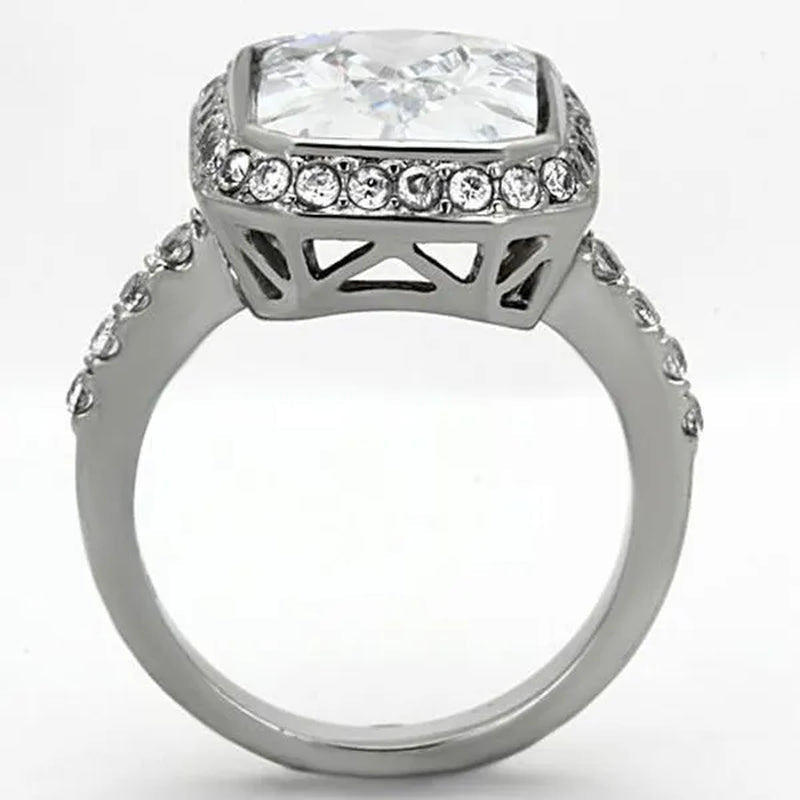 6.38 Ct Halo Emerald Cut Zirconia Stainless Steel Engagement Ring Women's Size 5-10