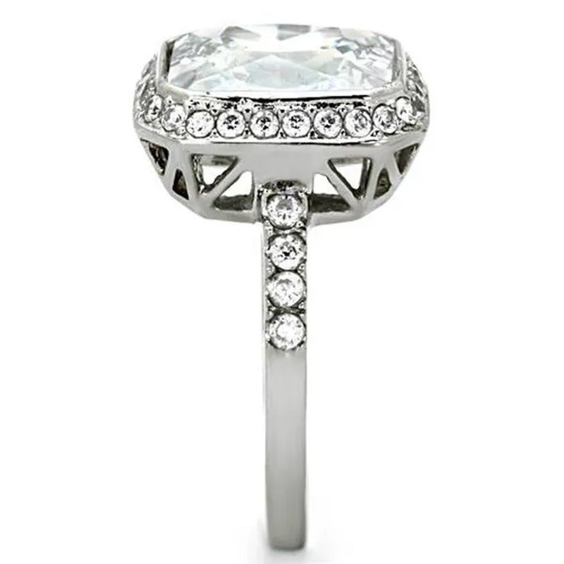 6.38 Ct Halo Emerald Cut Zirconia Stainless Steel Engagement Ring Women's Size 5-10