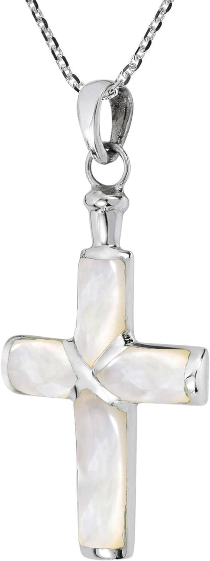 Spiritual Christian Cross White Mother of Pearl Inlaid .925 Sterling Silver Pendant Necklace | Religous Necklace Jewelry for Women | Jewelry Gift - WORLD TIME VISITS