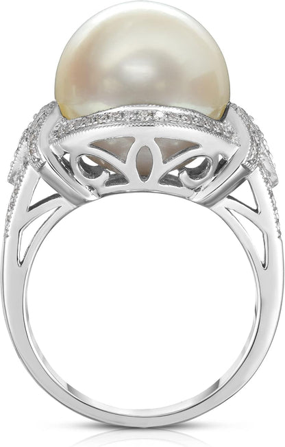 14K White Gold South Sea Pearl 13 Mm, Diamond 1/3 Ct Ring, Size 8