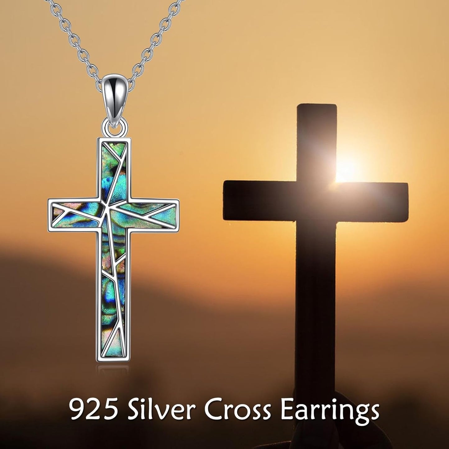 Religious Cross Pendant Necklace Sterling Silver Abalone Shell Cross Pendant Gifts for Women Men Jewelry