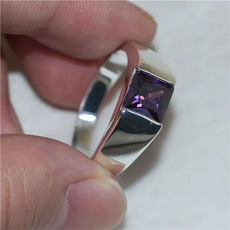 Men's Eternity 925 Sterling Silver Princess-cut purple Sapphire Stone Solitaire Ring  Size 8-12