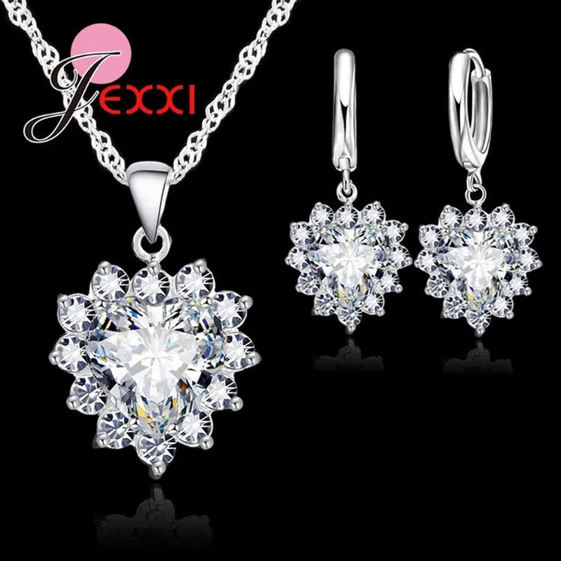 Trendy Heart Austrian Crystal 925 Sterling Silver Pendant Necklaces Earrings Set For Women Wedding Bridal Jewelry Sets