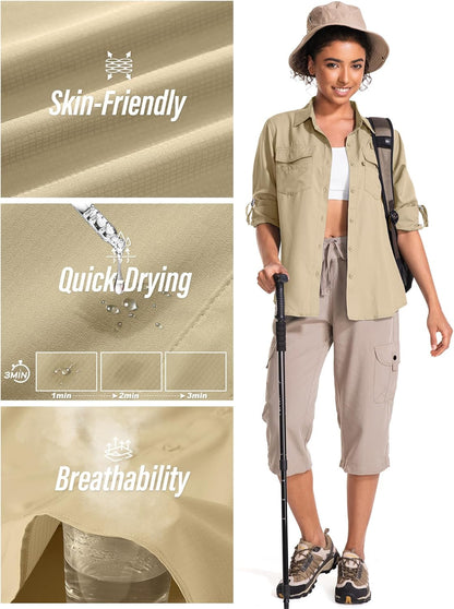 Women'S UPF 50 UV Sun Protection Long Sleeve Safari Shirts Quick Dry Hiking Travel Fishing Outdoor Cool Shirts