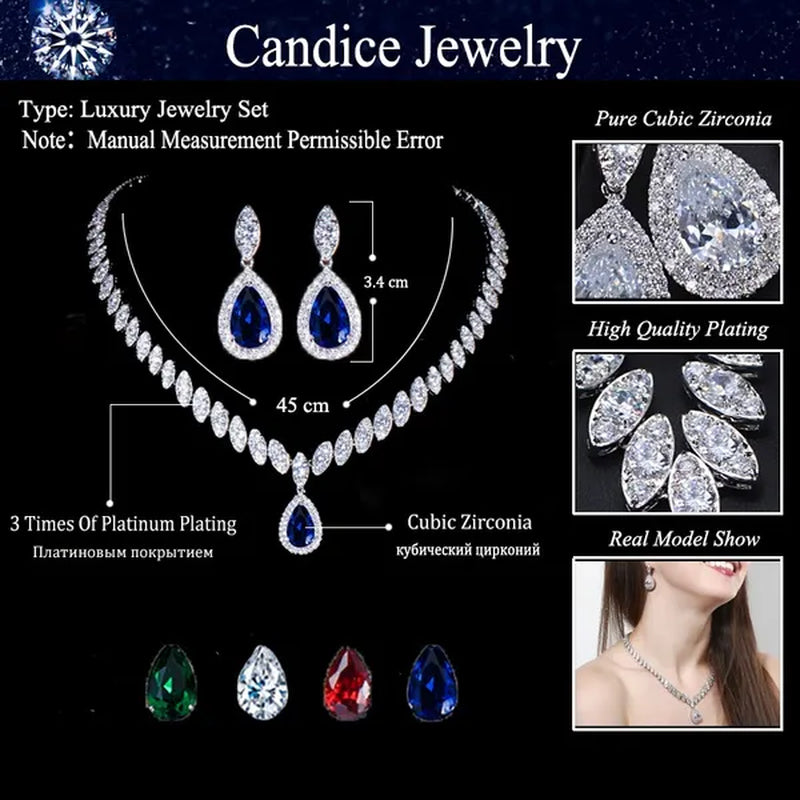 CANDICE Wedding Banquet Jewelry Sets For Brides Waterdrop Earrings Necklace Set Pear Cut Blue Zirconia Silver Plated