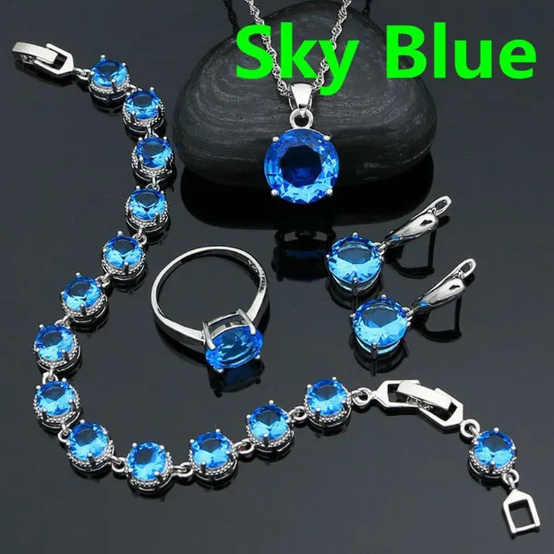 925 Sterling Silver Bridal Jewelry Sets Green Emerald Drop Earrings Ring Pendant Necklace Bracelet 4Pcs Birthday Gift for Women - WORLD TIME VISITS