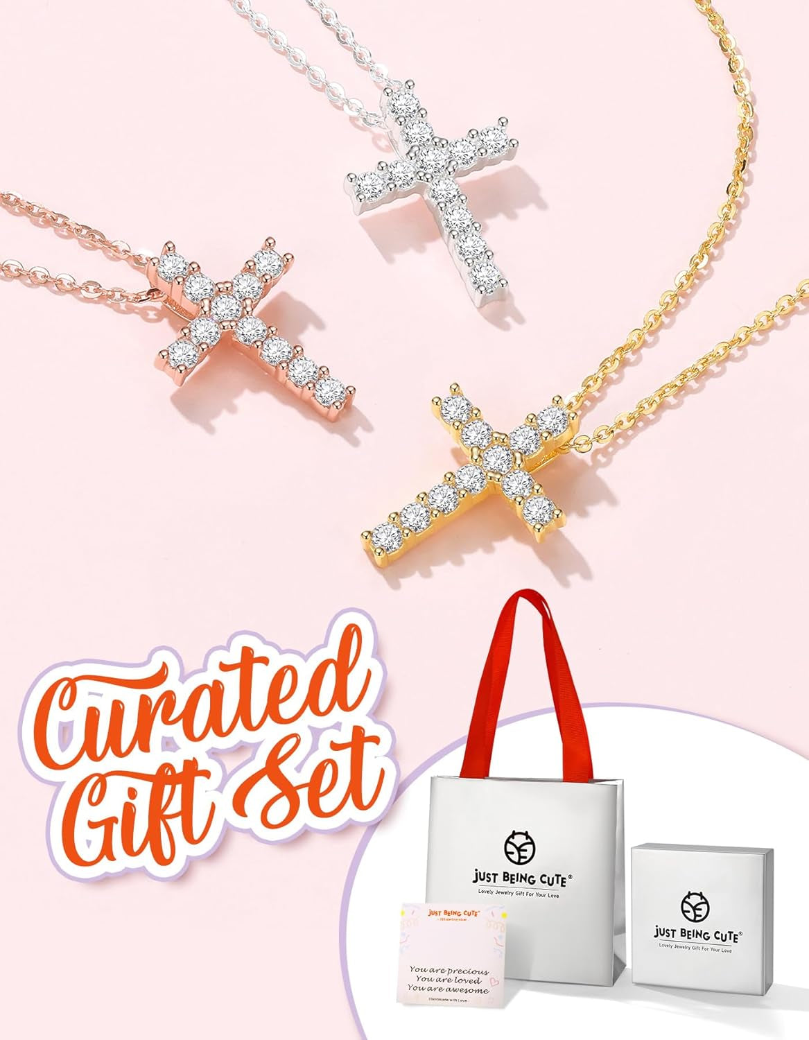 Cross Necklace for Girls Women 925 Sterling Silver 14K Gold Plated 5A Cubic Zirconia Womens Cross Jewelry Pendant, Birthday Valentine'S Day Baptism Christian Gifts for Her Wife (White/14K/Rose)