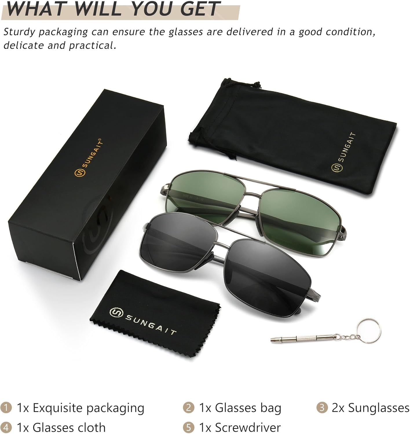 Ultra Lightweight Rectangular Polarized Sunglasses UV400 Protection