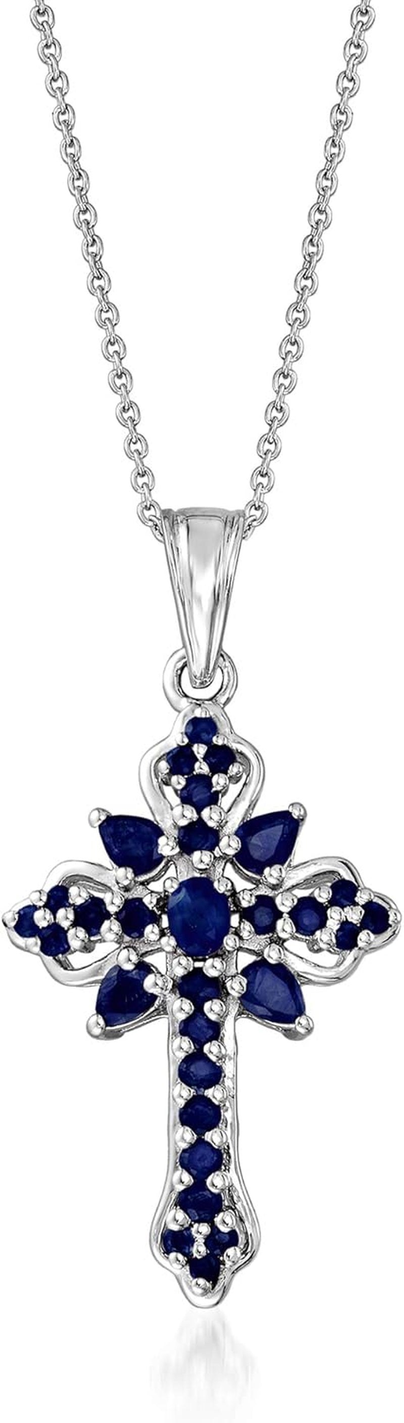 1.42 Ct. T.W. Sapphire Cross Pendant Necklace in Sterling Silver. 18 Inches - WORLD TIME VISITS
