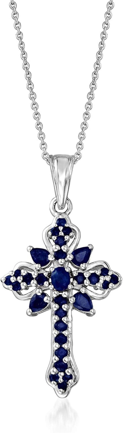 1.42 Ct. T.W. Sapphire Cross Pendant Necklace in Sterling Silver. 18 Inches - WORLD TIME VISITS