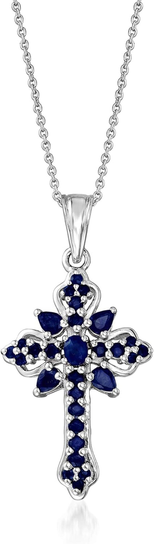 1.42 Ct. T.W. Sapphire Cross Pendant Necklace in Sterling Silver. 18 Inches - WORLD TIME VISITS
