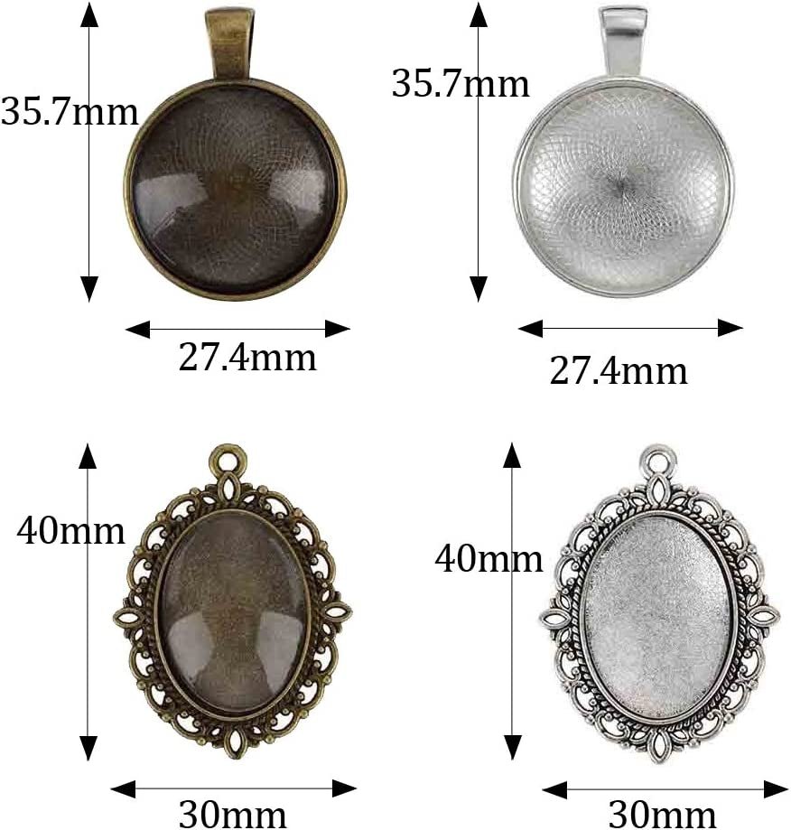 64 - Pieces Pendant Set, 16Pcs Oval Pendant Trays and 16Pcs round Bezels with 32Pcs Glass Cabochon round Clear Dome Tiles for Crafting DIY Jewelry Making - WORLD TIME VISITS