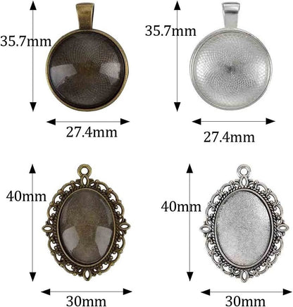 64 - Pieces Pendant Set, 16Pcs Oval Pendant Trays and 16Pcs round Bezels with 32Pcs Glass Cabochon round Clear Dome Tiles for Crafting DIY Jewelry Making - WORLD TIME VISITS