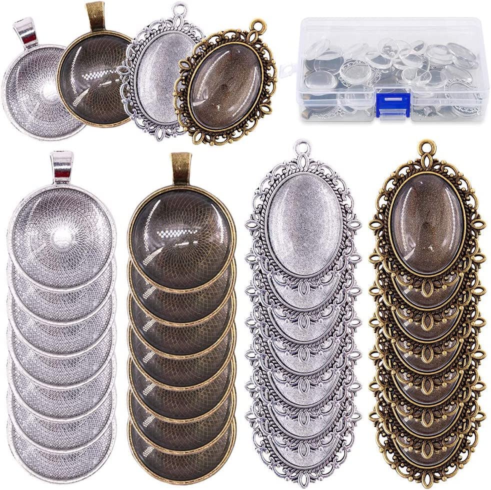64 - Pieces Pendant Set, 16Pcs Oval Pendant Trays and 16Pcs round Bezels with 32Pcs Glass Cabochon round Clear Dome Tiles for Crafting DIY Jewelry Making - WORLD TIME VISITS