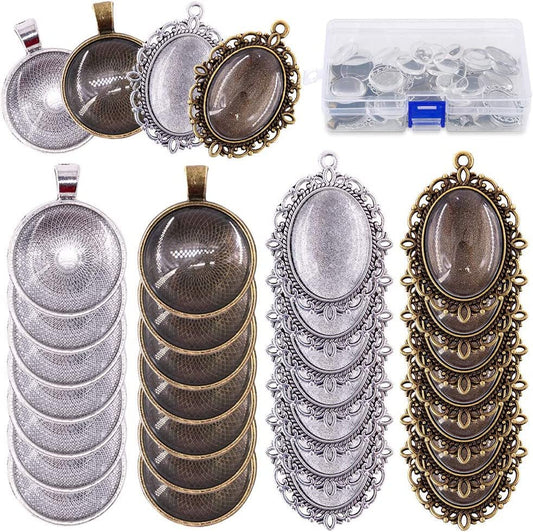 64 - Pieces Pendant Set, 16Pcs Oval Pendant Trays and 16Pcs round Bezels with 32Pcs Glass Cabochon round Clear Dome Tiles for Crafting DIY Jewelry Making - WORLD TIME VISITS
