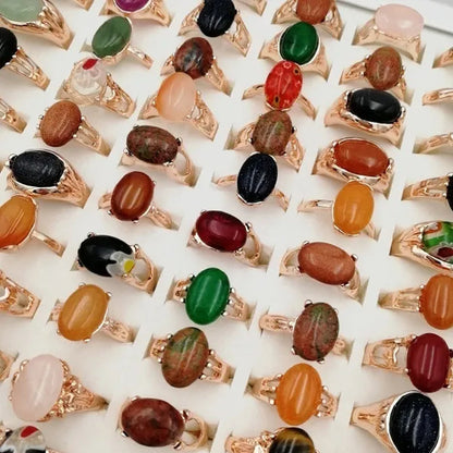 Mixed Wholesale 20Pcs/Gold-plated Natural Gem Ring Printing Rose-gold Women's Jewelry