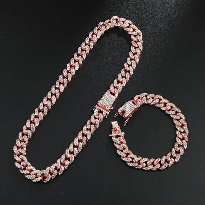 A Set(Bracelet+Necklace) 13MM Width Cuban Link Chain Gold Silver Plated Bling Miami Cuban Necklace Bracelet Diamond Chain for Fashion Men and Women Iced Out Hip Hop Jewelry Set