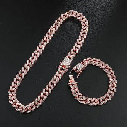 A Set(Bracelet+Necklace) 13MM Width Cuban Link Chain Gold Silver Plated Bling Miami Cuban Necklace Bracelet Diamond Chain for Fashion Men and Women Iced Out Hip Hop Jewelry Set