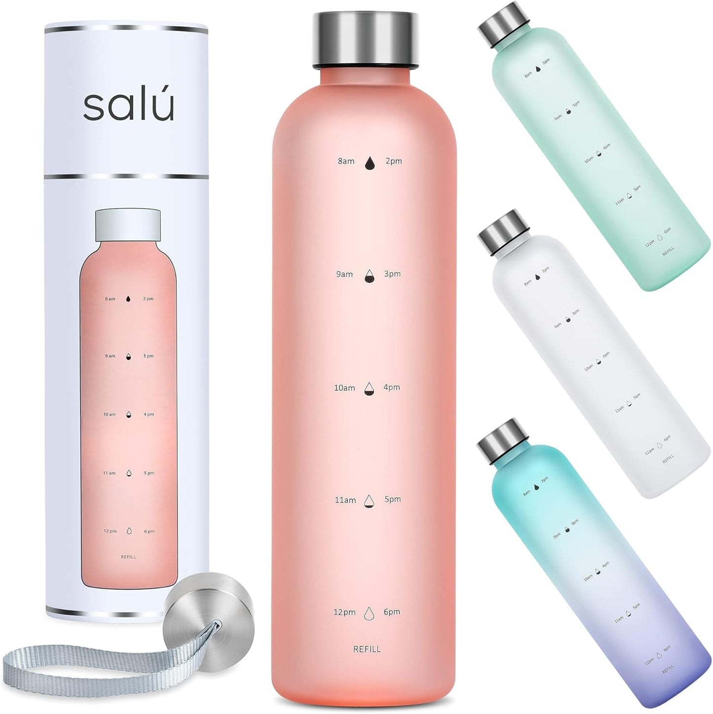 32 Oz Tritan/Bpa-Free Water Bottle W/Time Marker, Pink, Motivational Measurements W/Time & Volume, Frosted Plastic, EXTRA Lid for Gym, Sports, Travel, Fitness, or Work - WORLD TIME VISITS