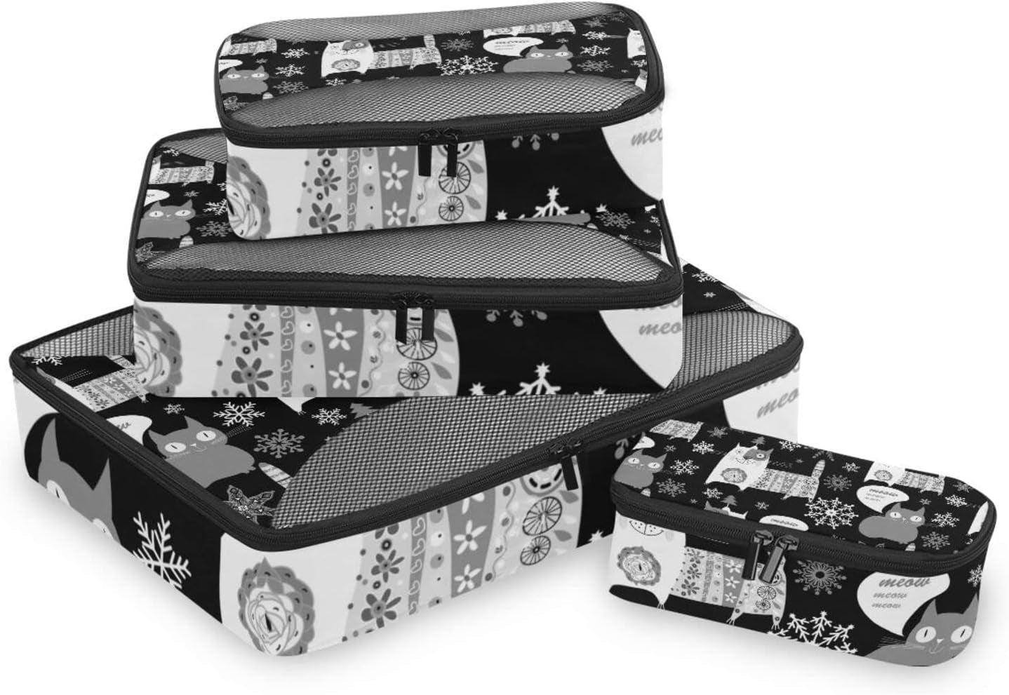 Seamless Retro Russian Cat Snowflakes on Black Happy New Year 4 Pcs Set Packing Bags, Luggage Organizer Bag, Portable Cube Toiletry Bag, Durable Travel Cosmetic Storage Bag for Men Women - WORLD TIME VISITS