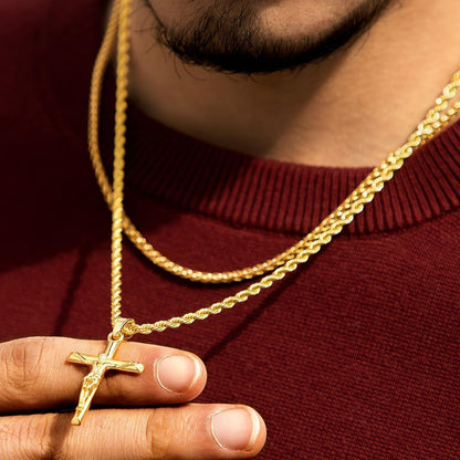 Crucifix Cross Necklace 18K Gold Plated Cross Pendant with 3Mm 22" Rope Chain for Men Women