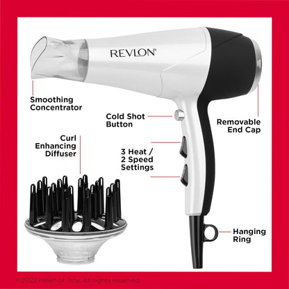 Volume Booster, Hair Dryer with Curl Enhancing Diffuser | Increase Volume, Decrease Frizz and Damage, Fast Drying, 1875 Watts (White)