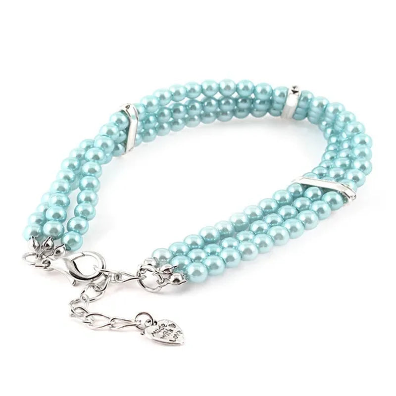 Three Rows Pearl Linked Beads Pet Dog Heart Pendant Puppy Collar Necklace S/M/L Size
