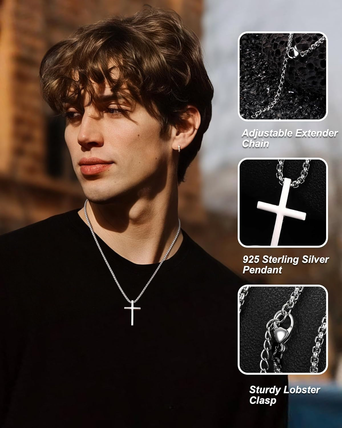 S925 Sterling Silver Cross Necklace for Men Solid Sterling Silver Cross Pendant Necklace Boys Mens Cross Necklace Jewelry Gifts with Box & Card Birthday Anniversary Christmas Father'S Day