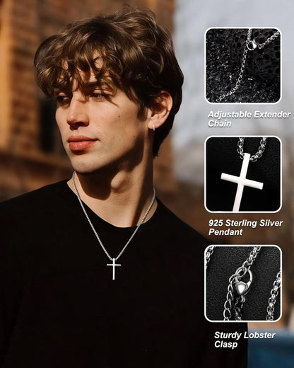 S925 Sterling Silver Cross Necklace for Men Solid Sterling Silver Cross Pendant Necklace Boys Mens Cross Necklace Jewelry Gifts with Box & Card Birthday Anniversary Christmas Father'S Day