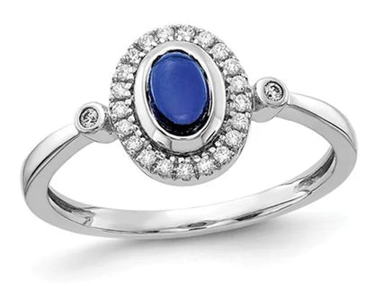 3/5 Carat (Ctw) Blue Sapphire Cabachon Ring in 14K White Gold with Diamonds