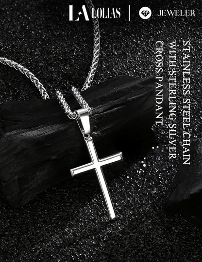 925 Sterling Silver Cross Necklace Men-Removable Silver Cross Pendant with Hypoallergenic 316L Stainless Steel Wheat Chain Crucifix Necklace Jewelry for Mens Women, 16-30 Inches