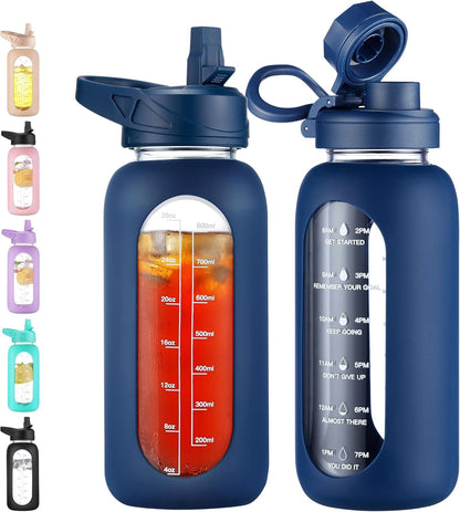 32 Oz Glass Water Bottle with Straw and Handle, Large Sports Motivational Water Bottle Flask with Time Marker and 2 Lids, Leakproof Water Jug Canteen with Silicone Sleeve for Gym,Navy