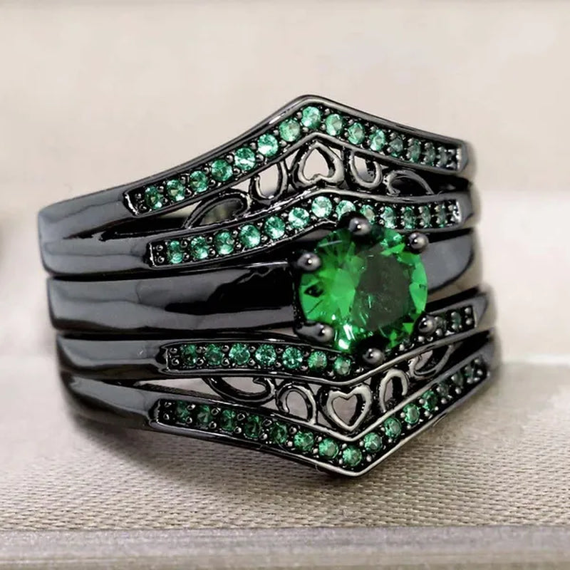 Sz6-12 Couple Rings Green Fiber Cz Titanium Steel Mens Wedding Bands Black Gold Filled Emerald Womens Wedding Ring Sets