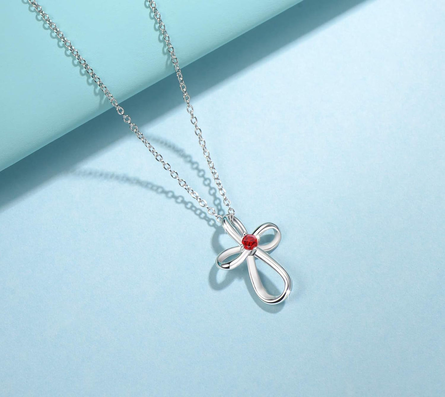 White Gold Plated 925 Sterling Silver Birthstone Open Loop Celtic Ribbon Cross Crucifix Infinity Pendant Necklace Cute Gifts for Women Girls, 16" + 2" Extender
