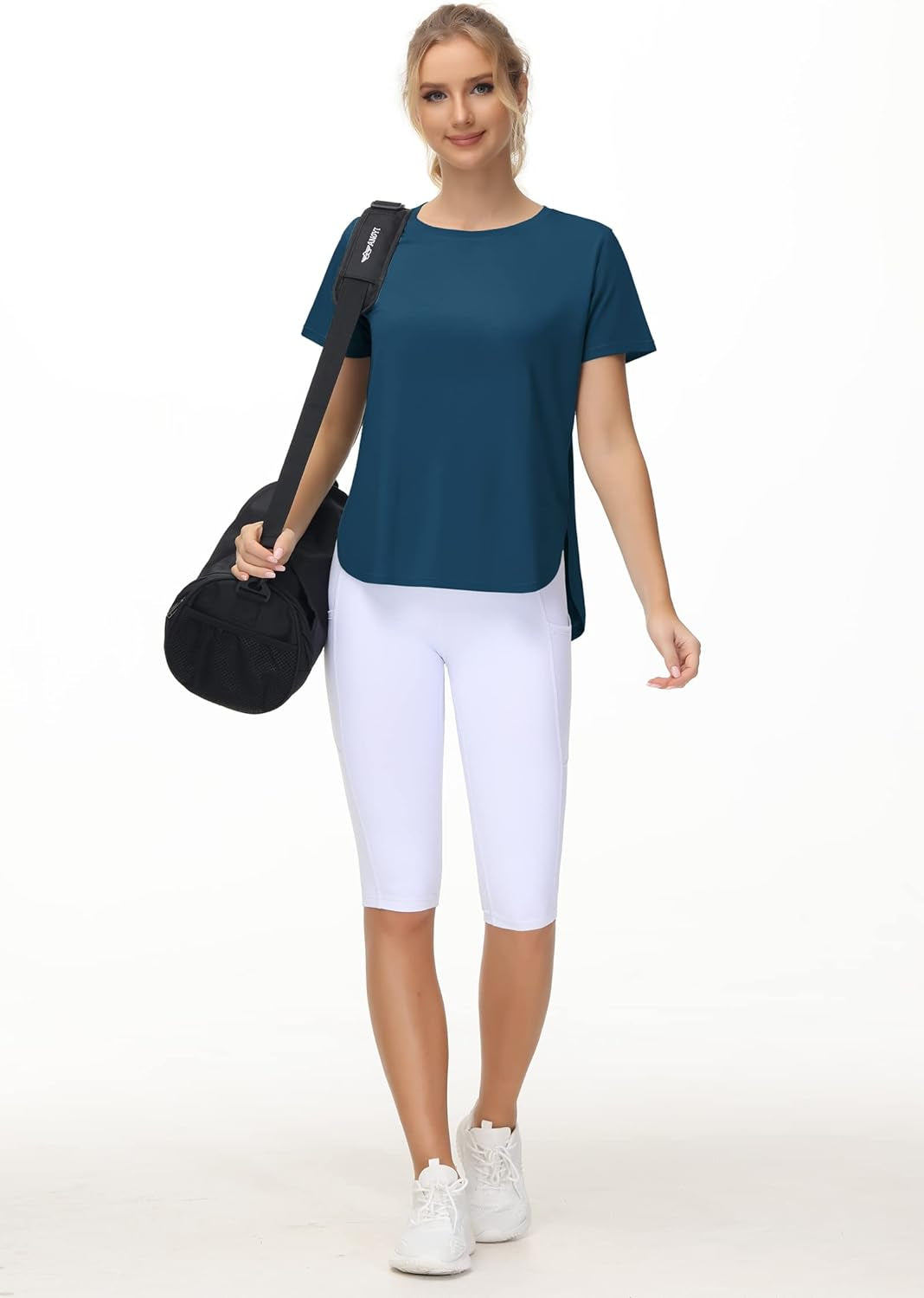 Women'S Workout T-Shirts Loose Fit Short Sleeve Cotton Running Basic Tee Tops with Split Hem