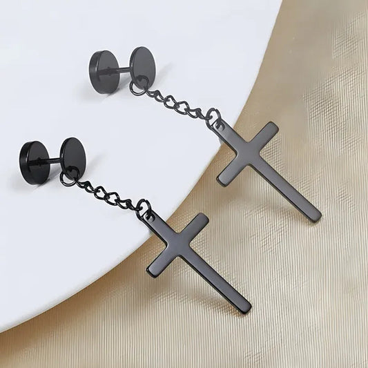 2PCS Stainless Steel Stud Earring Cross round Fake Ear Taper Dumbbell Unisex
