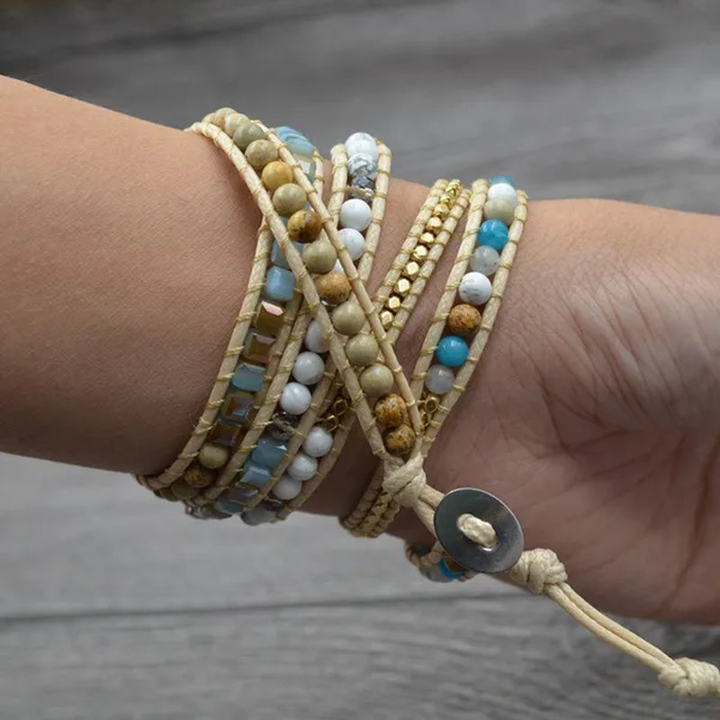 Vintage Boho Handmade Turquoise Charm Natural Stone Beads Bracelets Adjustable Wrap Leather Bracelet Jewelry