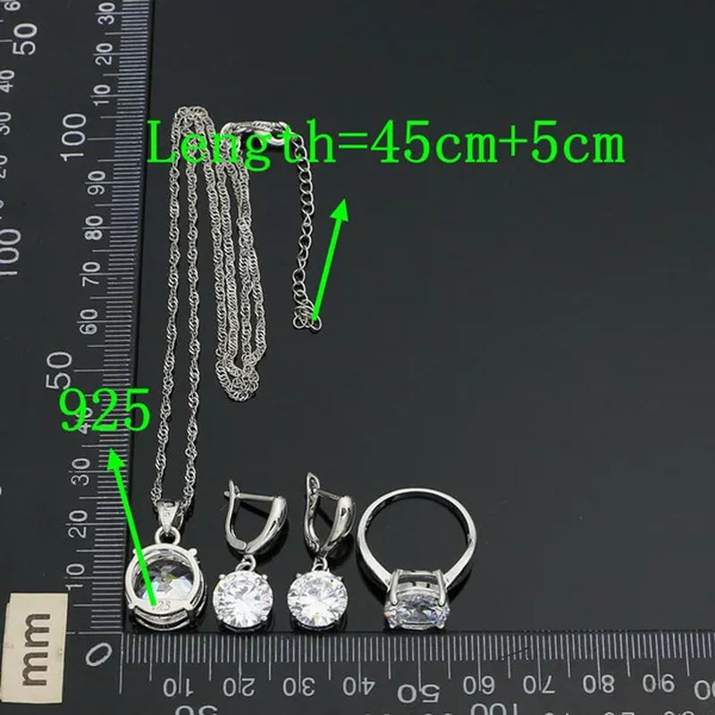 White Topaz 925 Sterling Silver Jewelry Ring Pendant Chain Earrings Set Classic Wedding Jewelry for Women Bride 3Pcs
